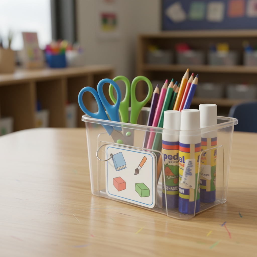 A close-up of a sturdy, transparent plastic storage caddy filled with preschool classroom tools: blunt-tip scissors with rubberized handles, thick triangular pencils, oversized glue sticks with worn labels, and a small set of laminated picture cue cards on a ring. The caddy rests on a smooth, light maple table with faint crayon marks and a subtle sheen. Soft, diffused daylight from a nearby window creates even lighting and delicate reflections on the plastic, with a gentle shadow anchoring the caddy. Shot from a slightly elevated angle in photographic realism, the composition follows the rule of thirds, with a blurred background of neutral shelving, creating a focused, professional, and quietly industrious atmosphere.