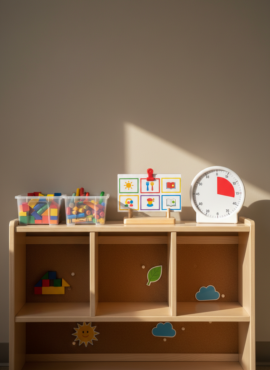 A neatly organized preschool activity shelf made of light birch wood, each cubby holding a different well-used tool: wooden pattern blocks in primary colors, clear plastic bins of chunky crayons, laminated visual schedule cards clipped to a small stand, and a timer with a large red countdown dial. The shelf stands against a soft, neutral wall with a low bulletin board displaying simple, colorful icons. Late morning natural light filters through an unseen window, casting gentle, defined shadows and subtle highlights on the smooth surfaces. Photographed at child-height with a clean, centered composition and shallow depth of field, the image has a calm, professional, photographic realism that emphasizes practicality, order, and authentic classroom use without clutter.